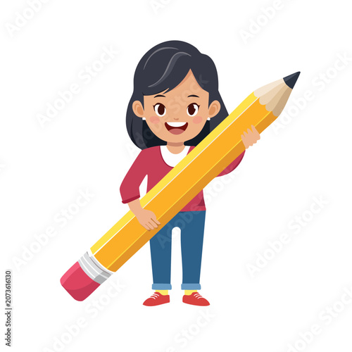 Cartoon girl holding giant pencil