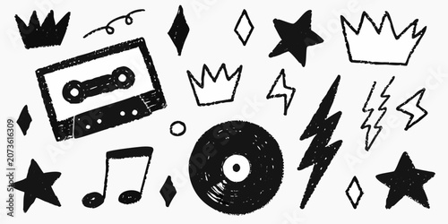 Black and white hand drawn doodles of music elements and shapes