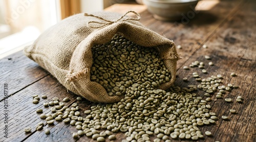 Raw Green Coffee Beans Spilling from a Burlap Sack on Wooden Table