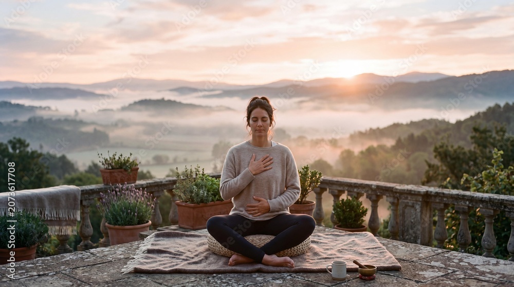 Obraz premium Peaceful woman practicing breathwork meditation on a terrace at sunrise