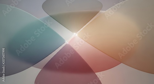 Abstract composition featuring overlapping translucent shapes in soft muted tones of blue pink and beige with a bright central light source creating depth and elegant curves in this modern design