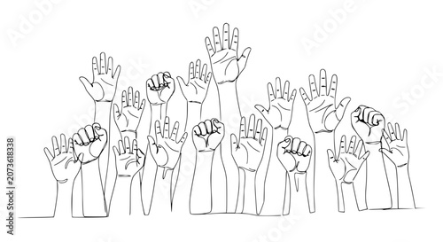 Foto Diverse Hands Raised in Unity and Protest, Black and White Line Art