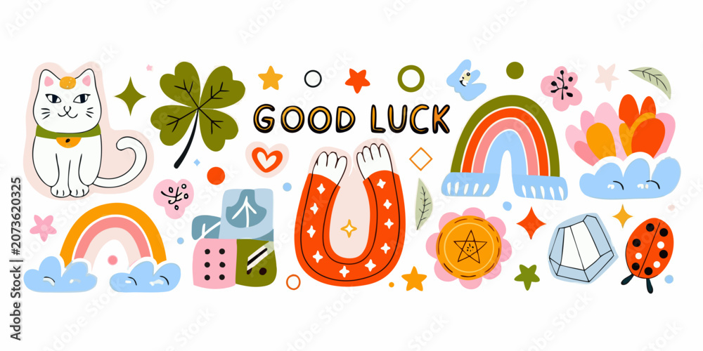 Fototapeta premium Good luck charms and symbols colorful vector illustration on white background