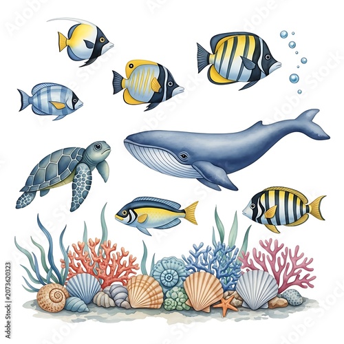Colorful ocean creatures and coral reef.