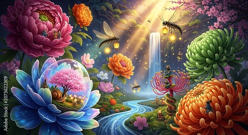 Vibrant flowers and fireflies in garden.