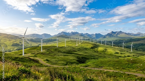 Wind turbines on green hills with mountain peaks under a bright sky