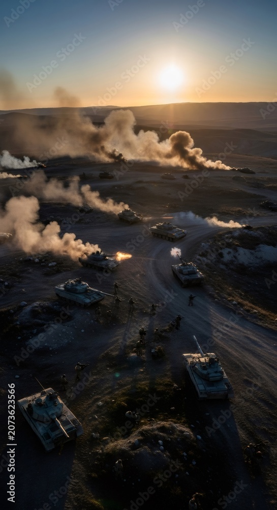 Fototapeta premium Tanks firing in battle on desert field at sunset. Heavy armor convoy in combat during military training exercise. Tactical infantry operation with missile and explosion smoke, war concept.