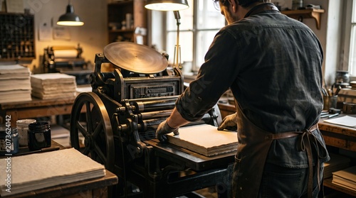 Printer operating a vintage letterpress machine in a traditional print shop