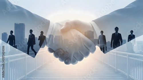 Professional Business Partners Shaking Hands with Corporate City Skyline Background Representing Successful Collaboration and Future Growth