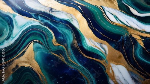 Abstract blue and green liquid marble background with gold veins.  Luxurious abstract fluid art painting background featuring deep navy blue, teal, emerald green, and white acrylic swirls. 