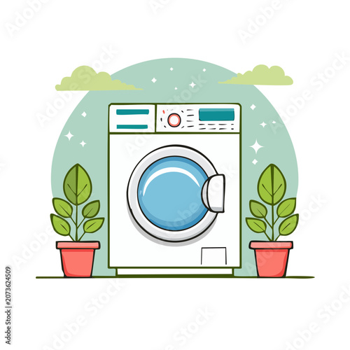 Flat illustration of a washing machine with potted plants