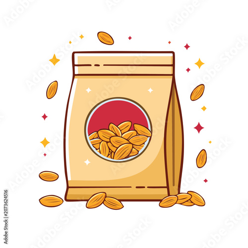 Flat illustration of almond bag with scattered nuts