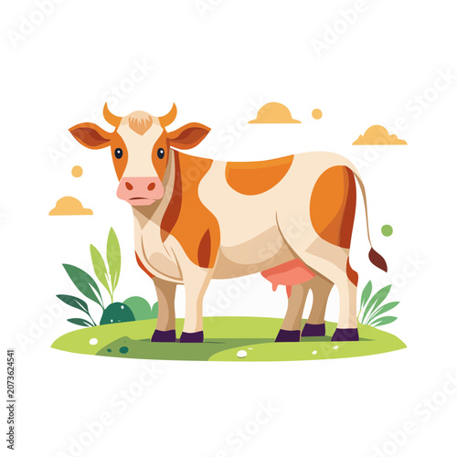 Flat vector illustration of a brown and white cow