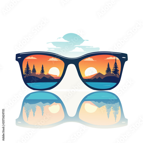 Sunglasses with sunset landscape reflection vector illustration