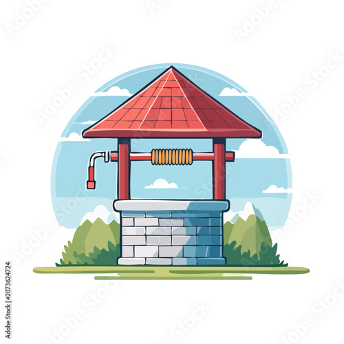 Traditional Well with Red Roof and Crank