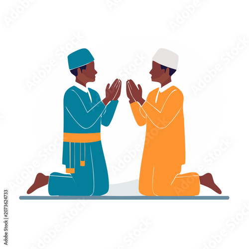 Two men kneeling and praying in flat vector style