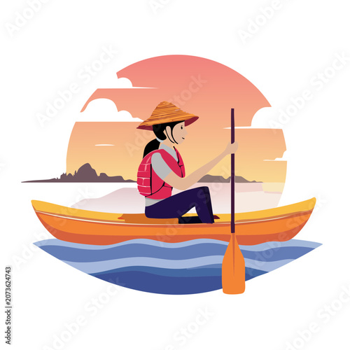 Woman kayaking in a canoe at sunset, flat vector illustration
