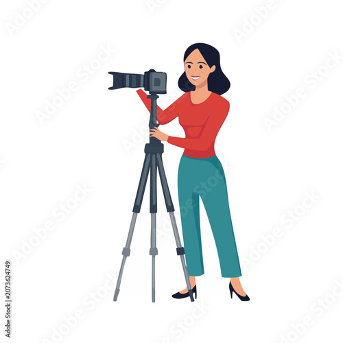 Woman photographer with camera on tripod, flat vector illustration