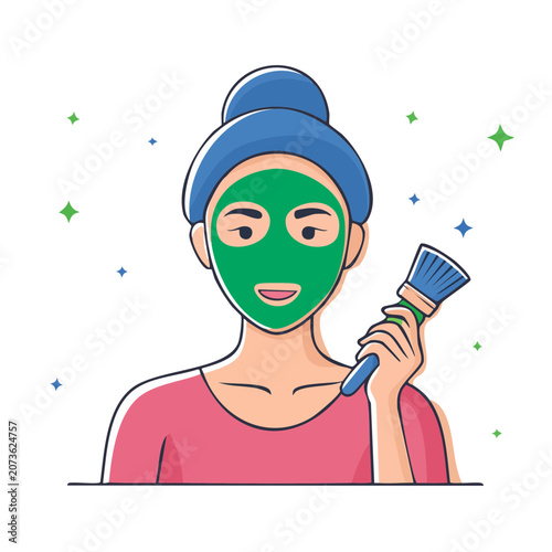Woman with green face mask holding brush, flat vector illustration