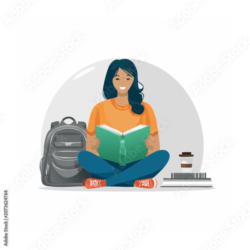 Woman reading a book with backpack and coffee