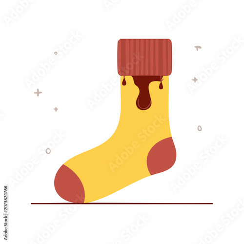 Yellow sock with red cuff and brown drip illustration