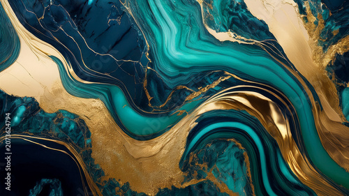 Abstract blue and green liquid marble background with gold veins.  Luxurious abstract fluid art painting background featuring deep navy blue, teal, emerald green, and white acrylic swirls. 