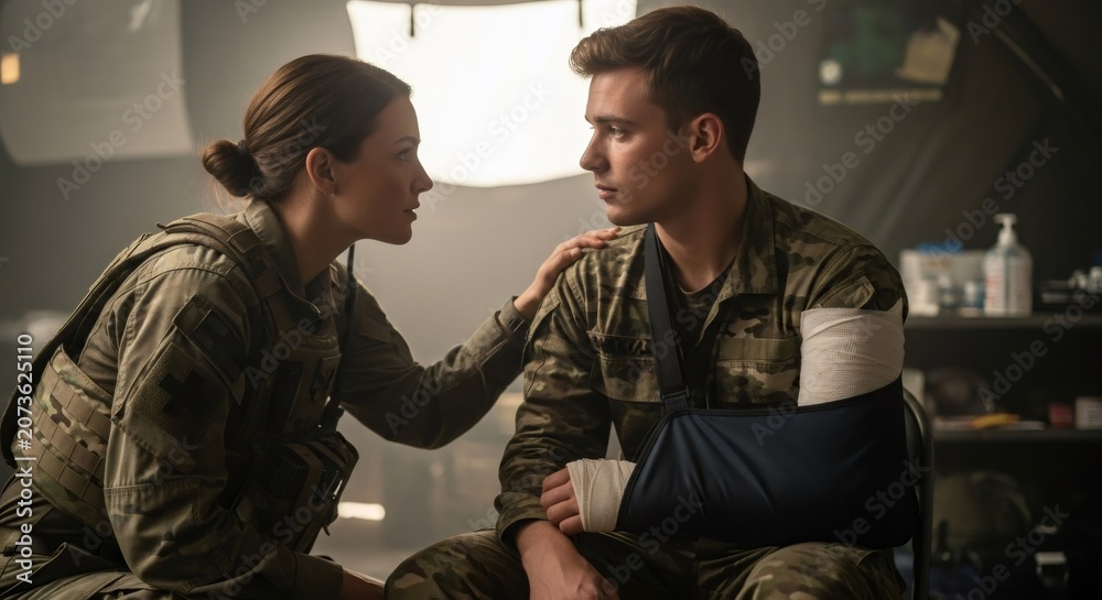 Fototapeta premium Woman medic providing medical assistance to wounded man soldier. Military doctor helping injured serviceman with arm bandage in clinic. Concept of war casualty care and support.
