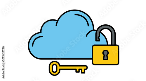 Cloud storage unlocked lock and key.