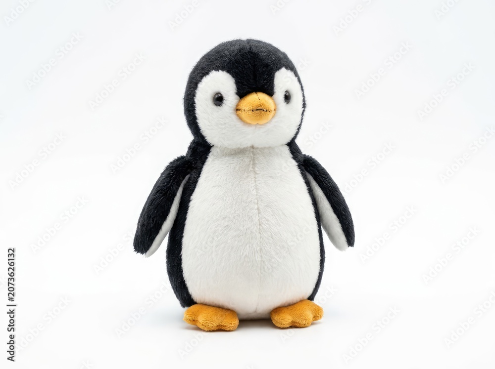 Fototapeta premium A cute plush penguin toy with black and white feathers and orange feet, standing on a plain surface