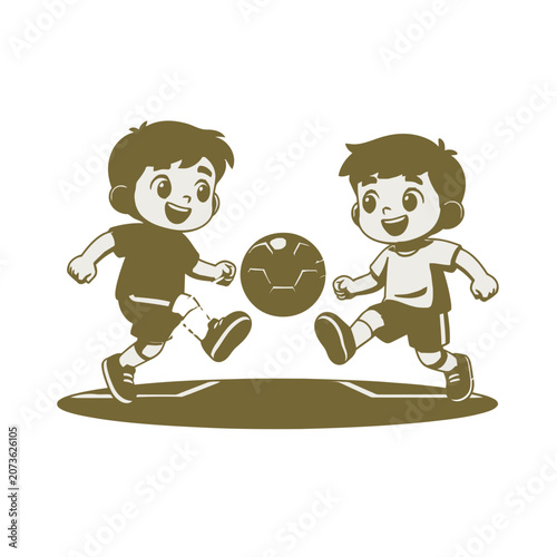 Two boys playing soccer with a ball, flat vector illustration