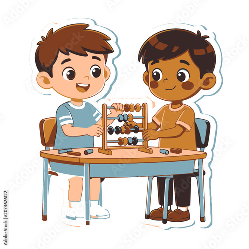 Two cartoon boys using an abacus at a school desk