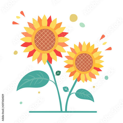 Two colorful sunflowers flat vector illustration