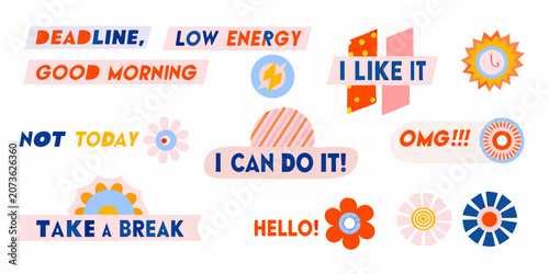 Collection Of Colorful Phrase Stickers With Various Expressions Vector Illustration