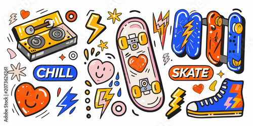 Skateboarding And Music Themed Doodle Illustration With White Background