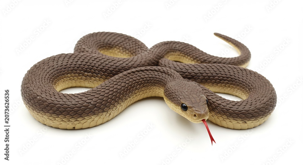 Fototapeta premium Curious brown snake with a vibrant red forked tongue flicking out on a clean white studio background. AI Generated