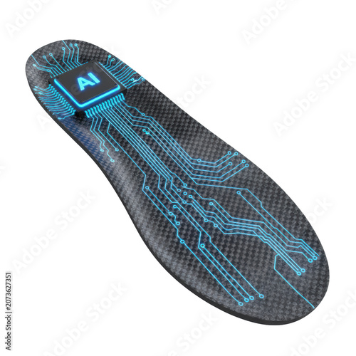 A futuristic shoe insole of dark carbon fiber, with glowing blue microchip circuitry and a luminous 'AI' chip in the heel, isolated on a transparent background, portraying cutting-edge innovation