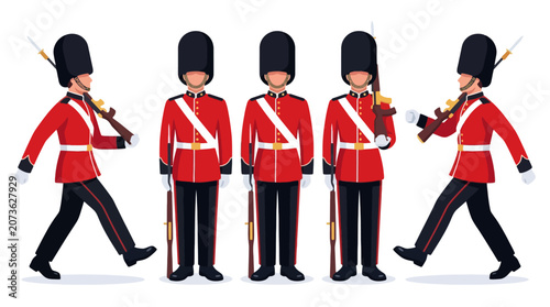 British royal guard characters in traditional red uniform and bearskin hat set. EPS Editable. Vector Illustrations.
