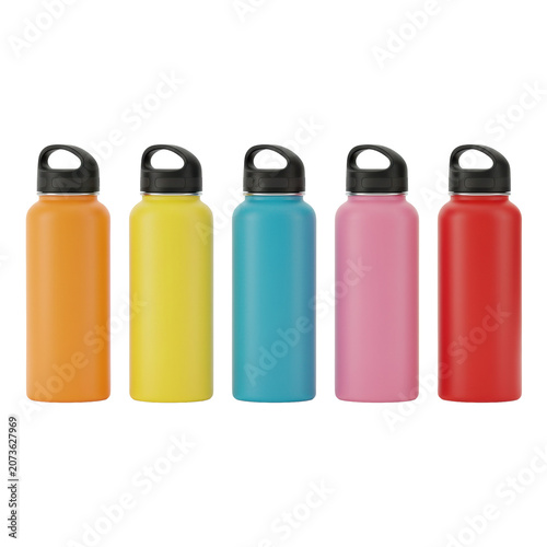 Five vibrant reusable water bottles in orange yellow blue pink and red aligned on a white background with glossy finishes and black lids modern product display
