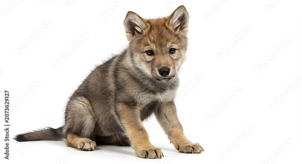 Obraz premium Alert charming wolf pup sits calmly observing under crisp clear studio light on a plain white background. AI Generated