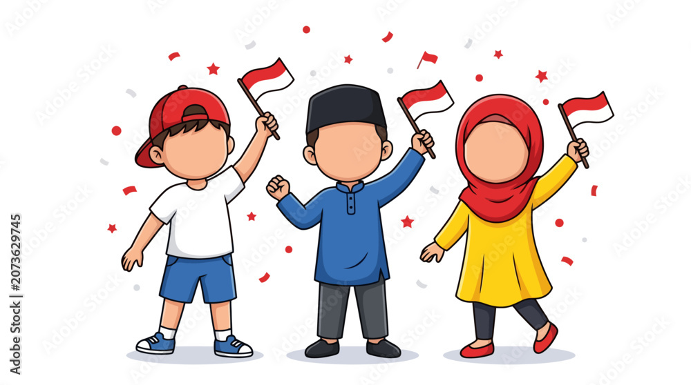 Fototapeta premium Indonesian children celebrating independence day holding national flags vector illustration 1. EPS Editable. Vector Illustrations.