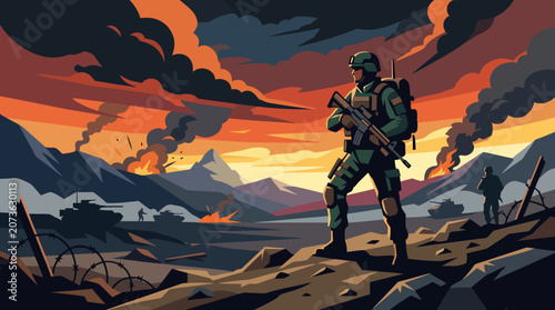 Cuadro en lienzo Soldiers on Battlefield at Sunset Military Illustration