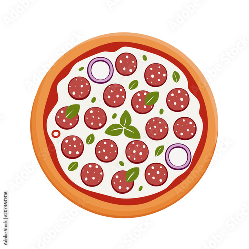 Flat illustration of pepperoni pizza with toppings