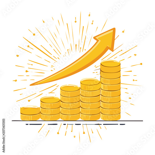 Growing stack of gold coins with upward arrow and sunburst