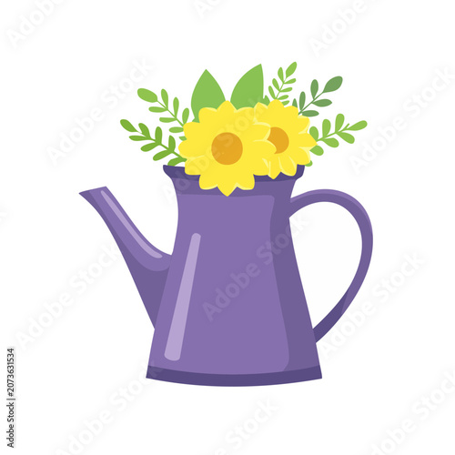 Purple watering can with sunflowers and greenery