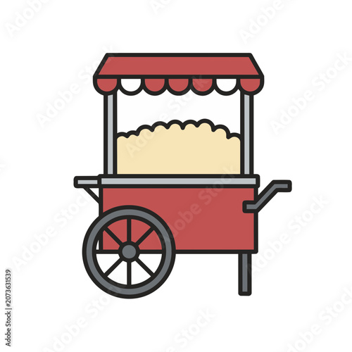 Red popcorn cart with canopy and wheels