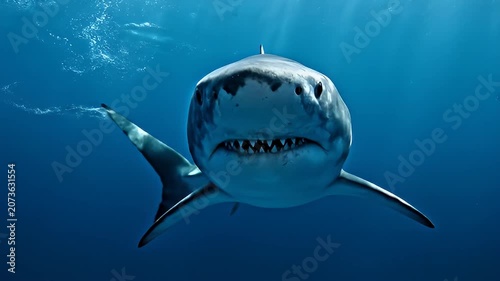 Front view of a great white shark swimming in deep blue ocean water, a powerful marine predator in the wild