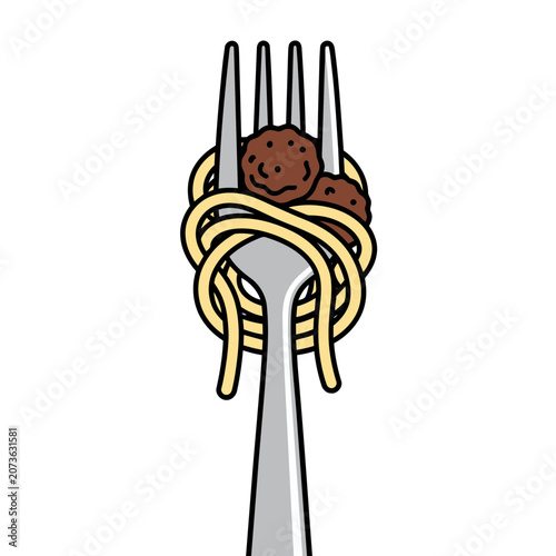 Spaghetti and Meatballs on Fork Vector Illustration