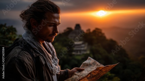 A rugged adventurer holding an ancient map standing atop a cliff