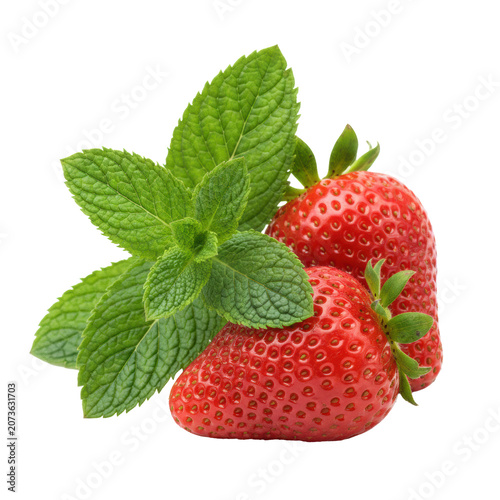 Fresh green mint leaves beside two red strawberries with green stems and tiny seeds, isolated on a transparent background, showcasing natural freshness and purity