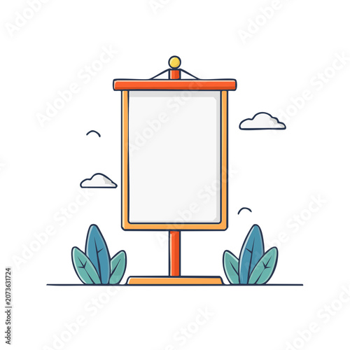 Blank wooden signboard with plants and clouds illustration